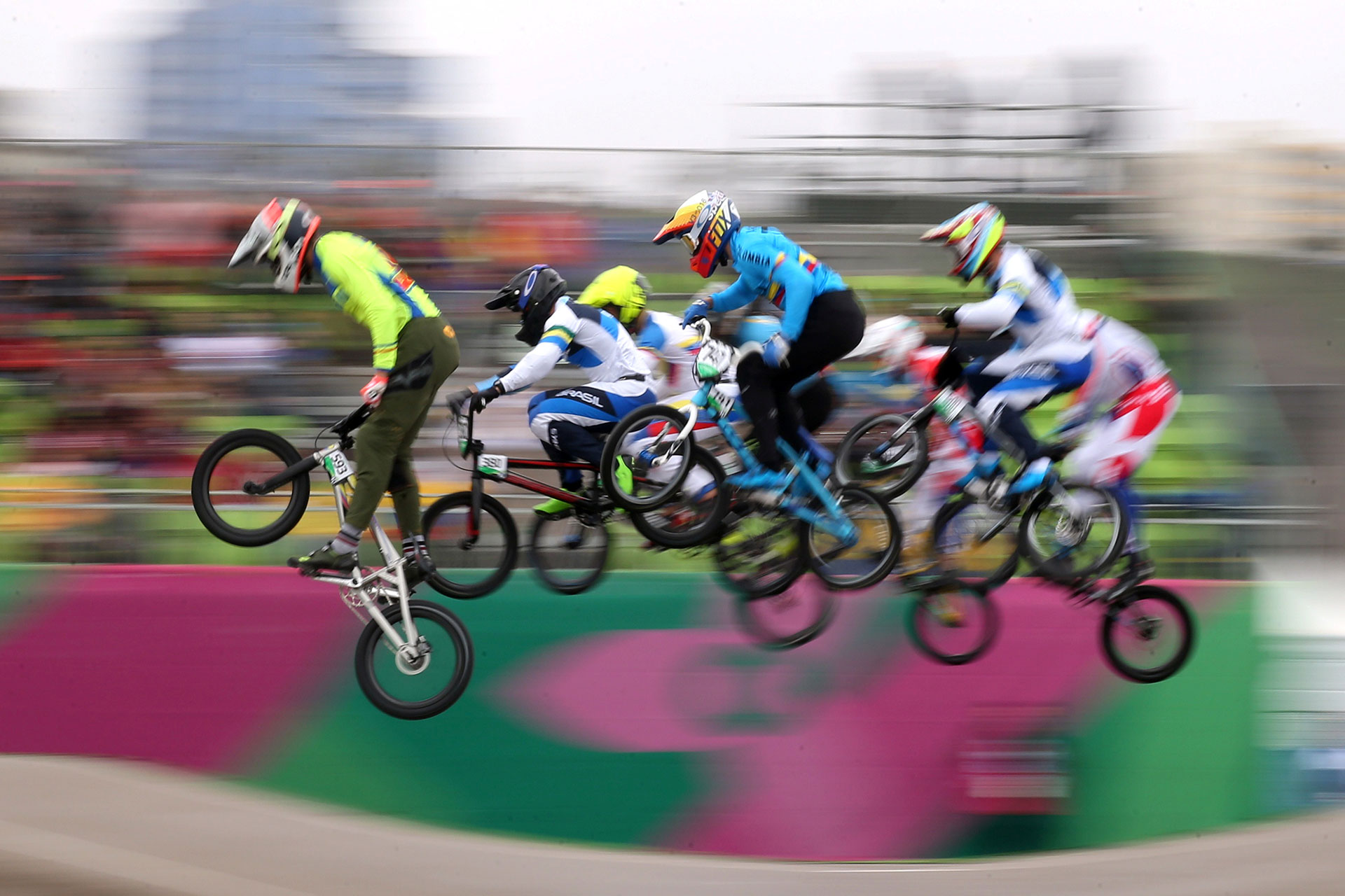 XVIII Pan American Games - Lima 2019 XVIII Pan American Games - Lima 2019 - Cycling BMX - Men Semifinal - Costa Verde Beach Circuit, Lima, Peru - August 9, 2019. Athletes compete. REUTERS/Pilar Olivares TPX IMAGES OF THE DAY