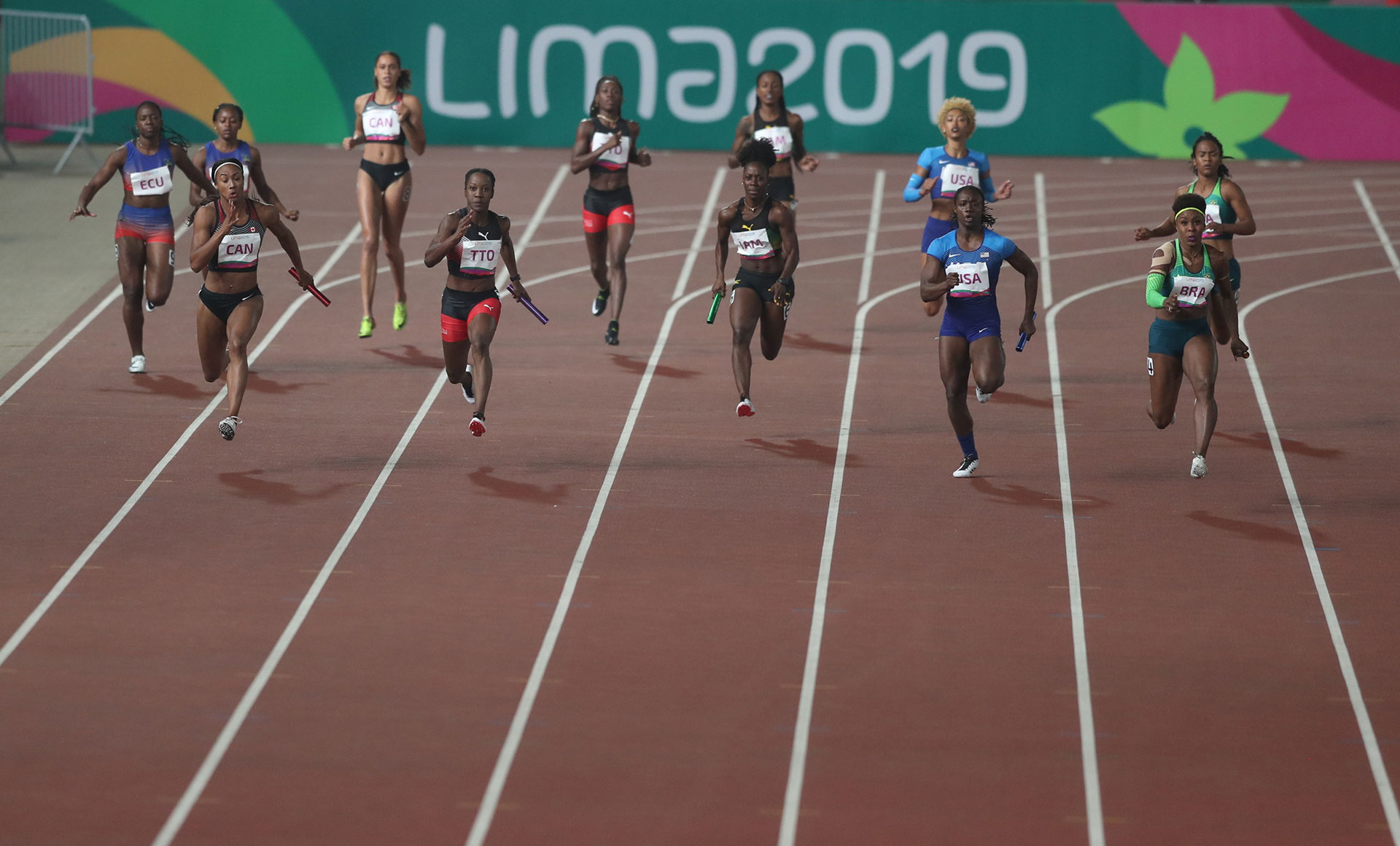 XVIII Pan American Games - Lima 2019 XVIII Pan American Games - Lima 2019 - Athletics - Women's 4x100m Relay Final - Athletics Stadium, Lima, Peru - August 9, 2019. Athletes in action. REUTERS/Ivan Alvarado