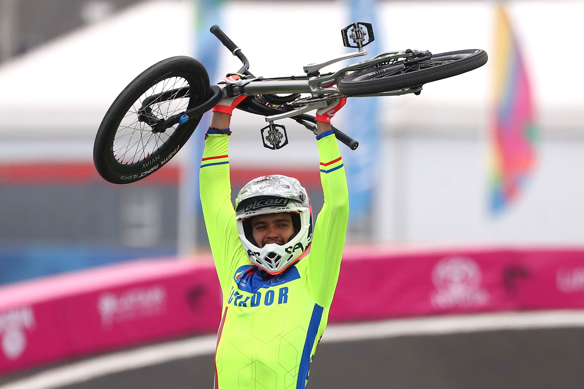 XVIII Pan American Games - Lima 2019 XVIII Pan American Games - Lima 2019 - Cycling BMX - Women Semifinal - Costa Verde Beach Circuit, Lima, Peru - August 9, 2019. Gold medalist Ecuador's Alfredo Campo celebrates after the race. REUTERS/Pilar Olivares