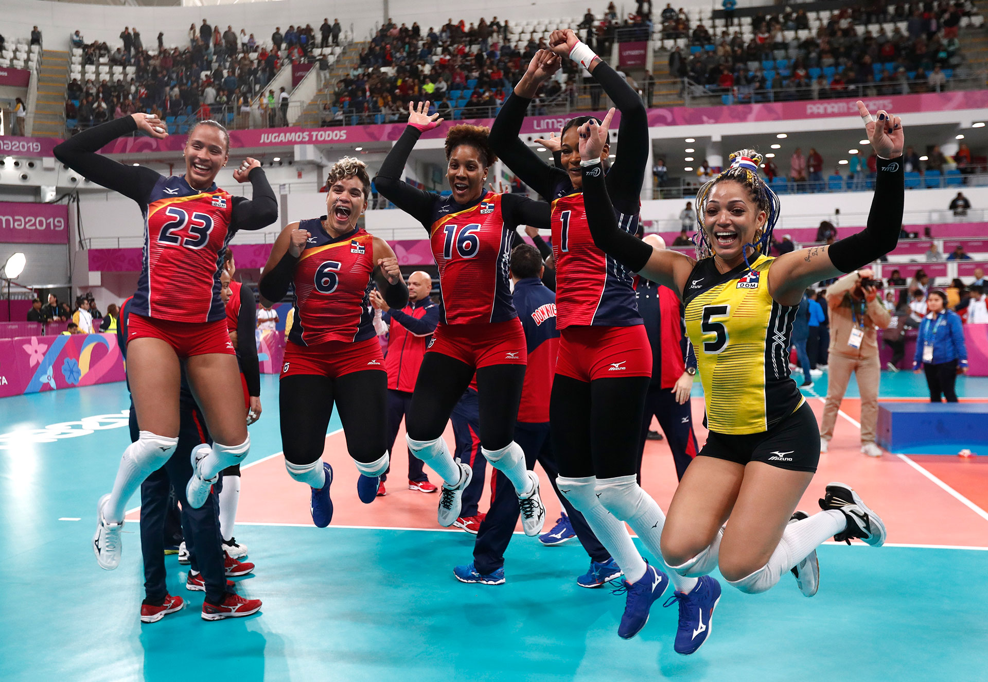 XVIII Pan American Games - Lima 2019 XVIII Pan American Games - Lima 2019 - Volleyball - Women Gold Medal Match - Colombia v Dominican Republic - Callao Sports Center, Lima, Peru - August 11, 2019 Dominican Republic players celebrate winning a gold medal. REUTERS/Susana Vera